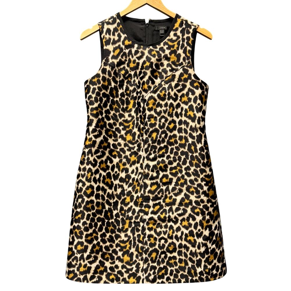 J Crew Shift Dress Leopard Print Above Knee Zip Up Sleeveless Womens 4